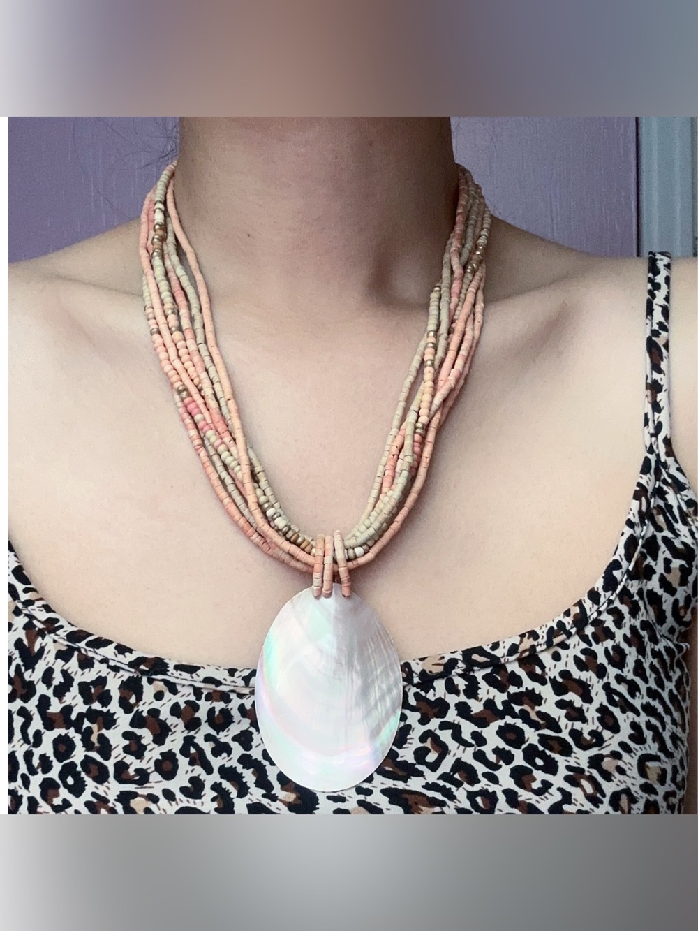 Vintage Multi Strand Wood Beaded Necklace with Mother of Pearl Pendant